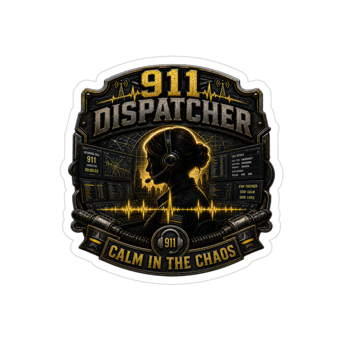 911 Dispatcher Calm In The Chaos Sticker | Emergency Dispatch Operator Decal | Thin Yellow Line Art (Outdoor Transparent)