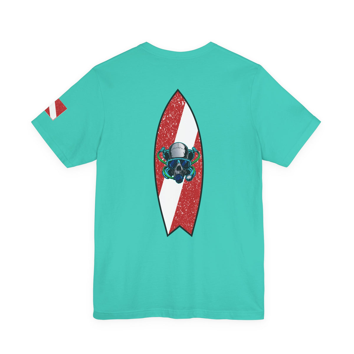 Scuba Diver Skull Red Dive Flag Design – Vintage Distressed Diving Flag Graphic with Oxygen Mask & Regulator, Retro Surfboard Decal, Nautical Tattoo Art