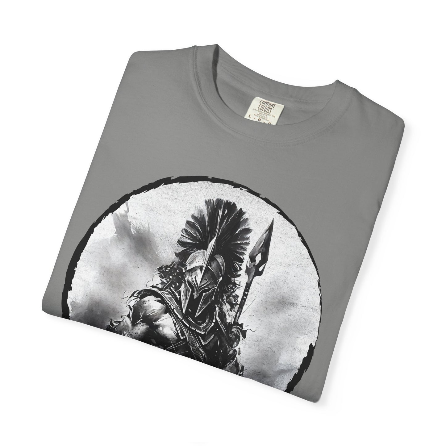 Spartan Warrior T-Shirt – Greek Helmet Circle Design Front & Spear Back | Warrior Graphic Tee