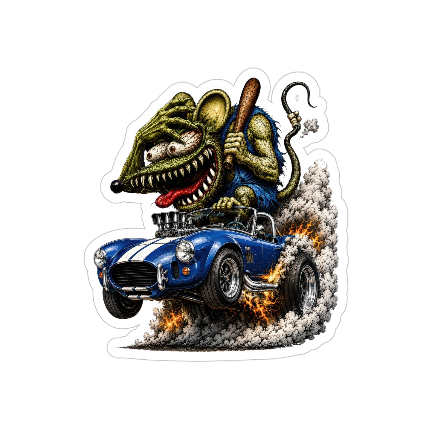 Crazy Rat Shelby Cobra Sticker | Blue 427 Cobra Roadster Decal | Supercharged Classic Muscle Car Art | Transparent Vinyl Sticker