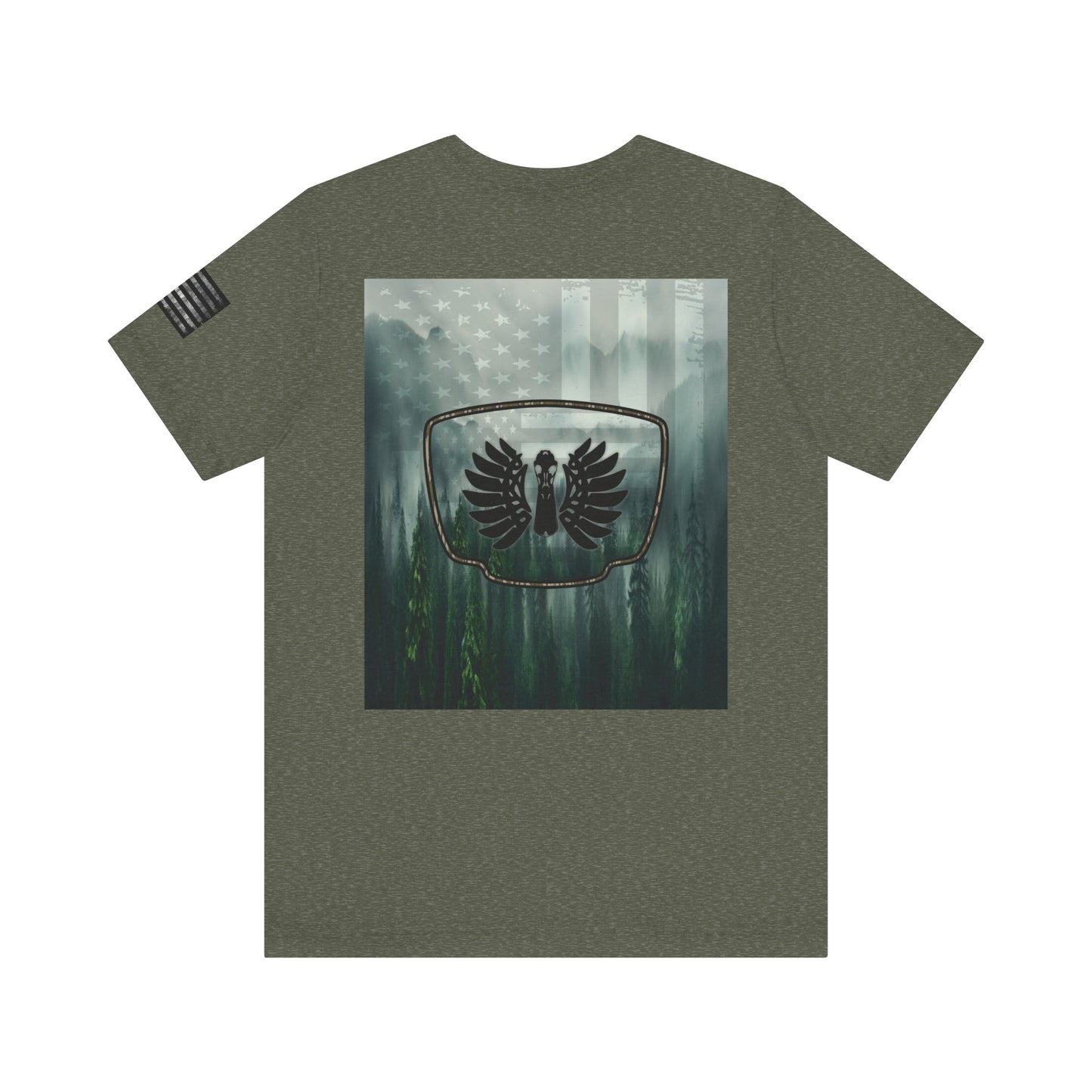 The Forest Duck Hunt Badge T-Shirt – Mossy Camo Print, Crossed Guns & Duck Skull Graphic