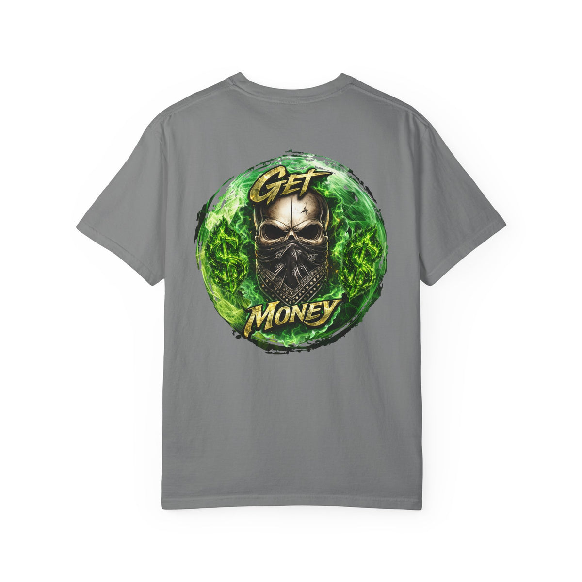 Get Money Skull Graphic Tee – Green Flame Dollar Sign Hustle Streetwear Shirt