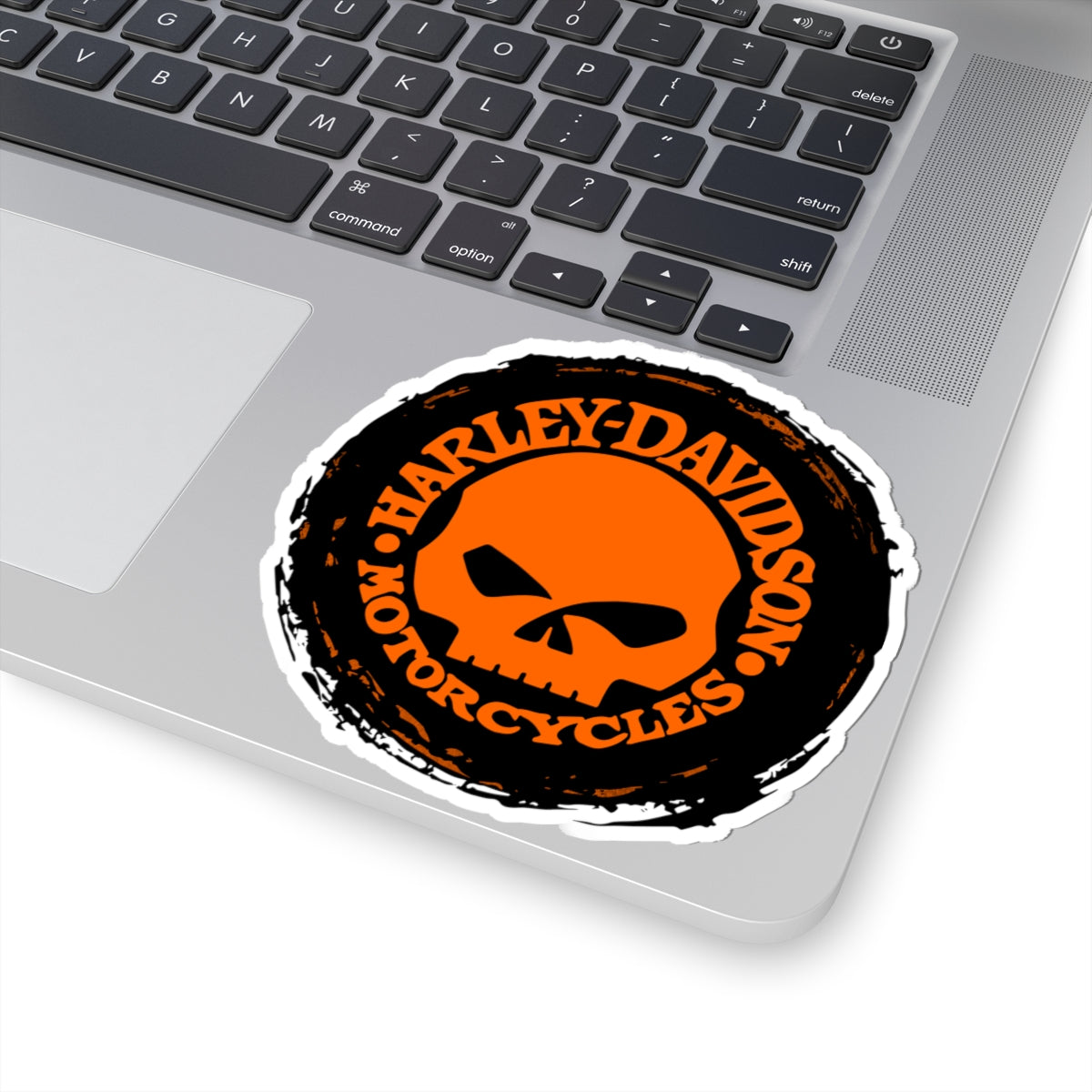 Harley Skull Biker Emblem | Bold Orange Motorcycle Graphic for Decals, Shirts, or Garage Art, ArtKiss-Cut Stickers