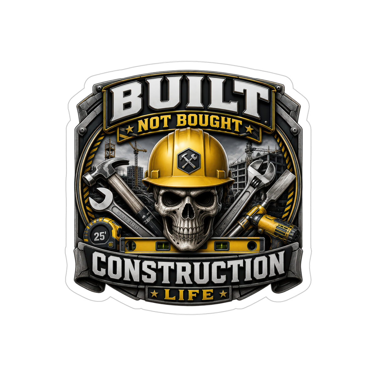Built Not Bought Construction Life Sticker | Blue Collar Builder Skull Decal | Tradesman Tool Art (Outdoor Transparent)