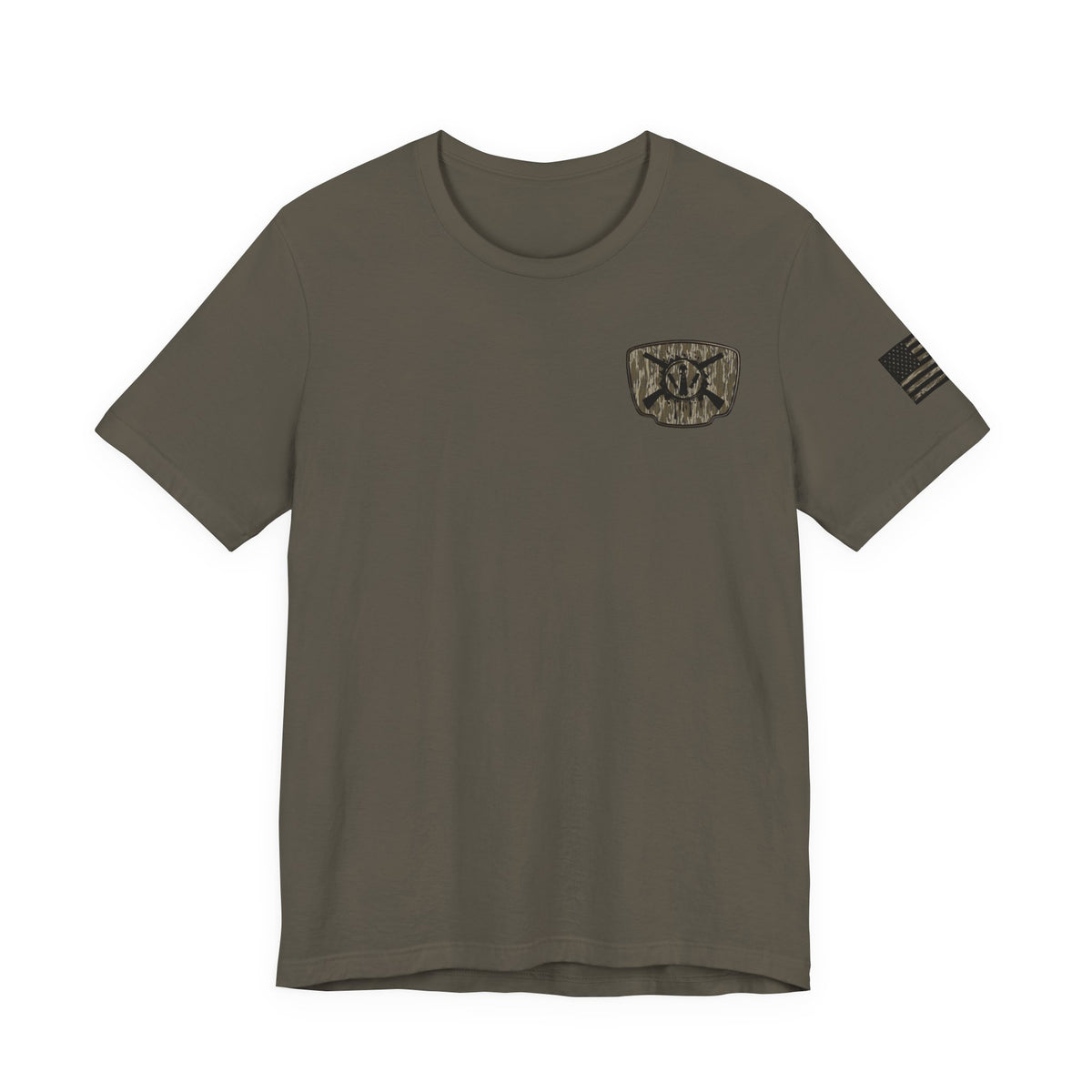 Duck Hunting Badge T-Shirt – Mossy Camo Print, Crossed Guns & Duck Skull Graphic