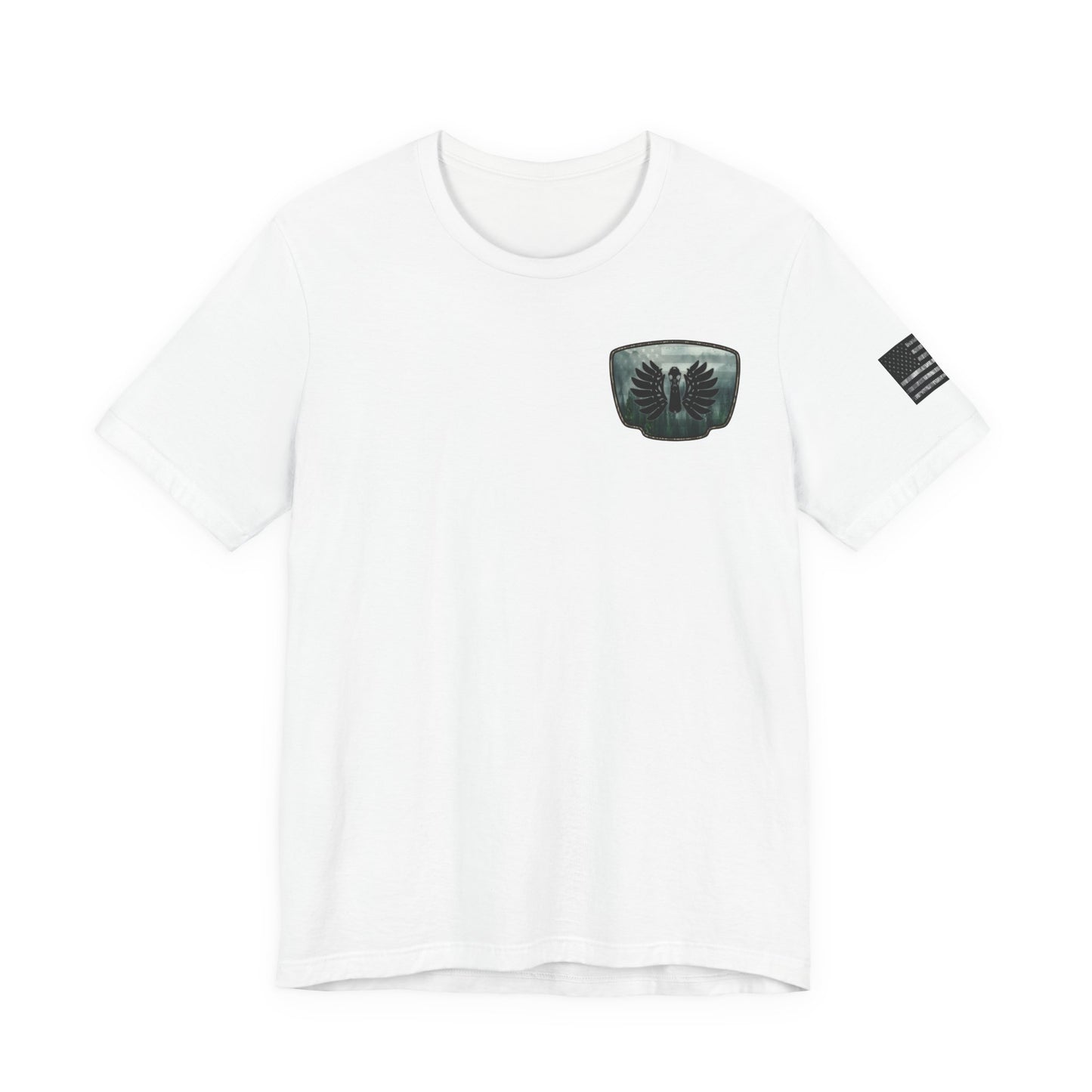The Forest Duck Hunt Badge T-Shirt – Mossy Camo Print, Crossed Guns & Duck Skull Graphic