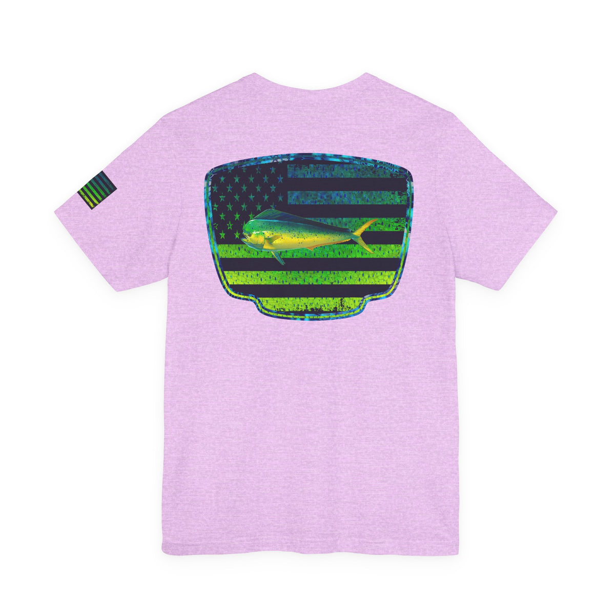 Patriotic Mahi Mahi Flag Tee – Grunge Fishing Badge Shirt for Outdoor Lovers
