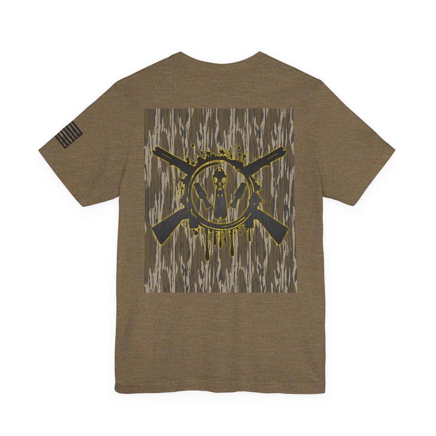 Duck Hunting Badge T-Shirt – Mossy Camo Print, Crossed Guns & Duck Skull Graphic