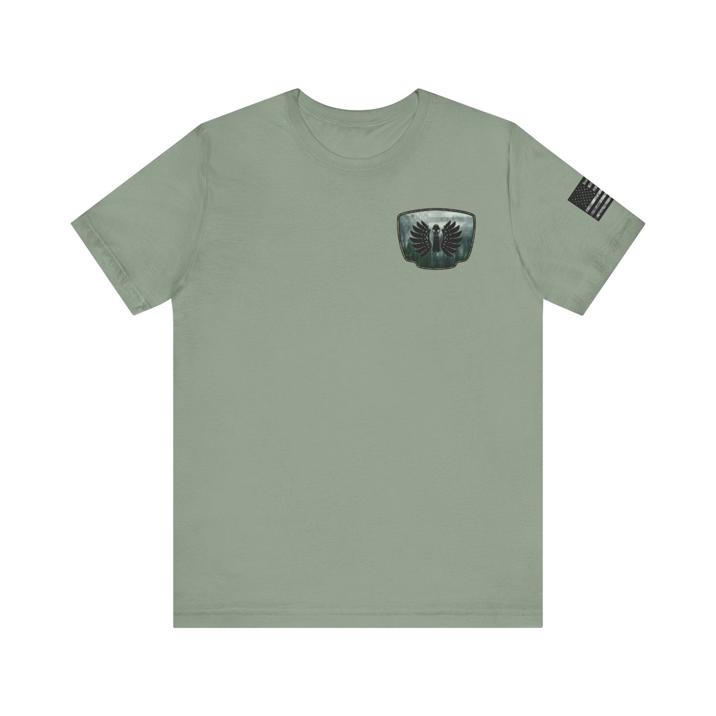 The Forest Duck Hunt Badge T-Shirt – Mossy Camo Print, Crossed Guns & Duck Skull Graphic