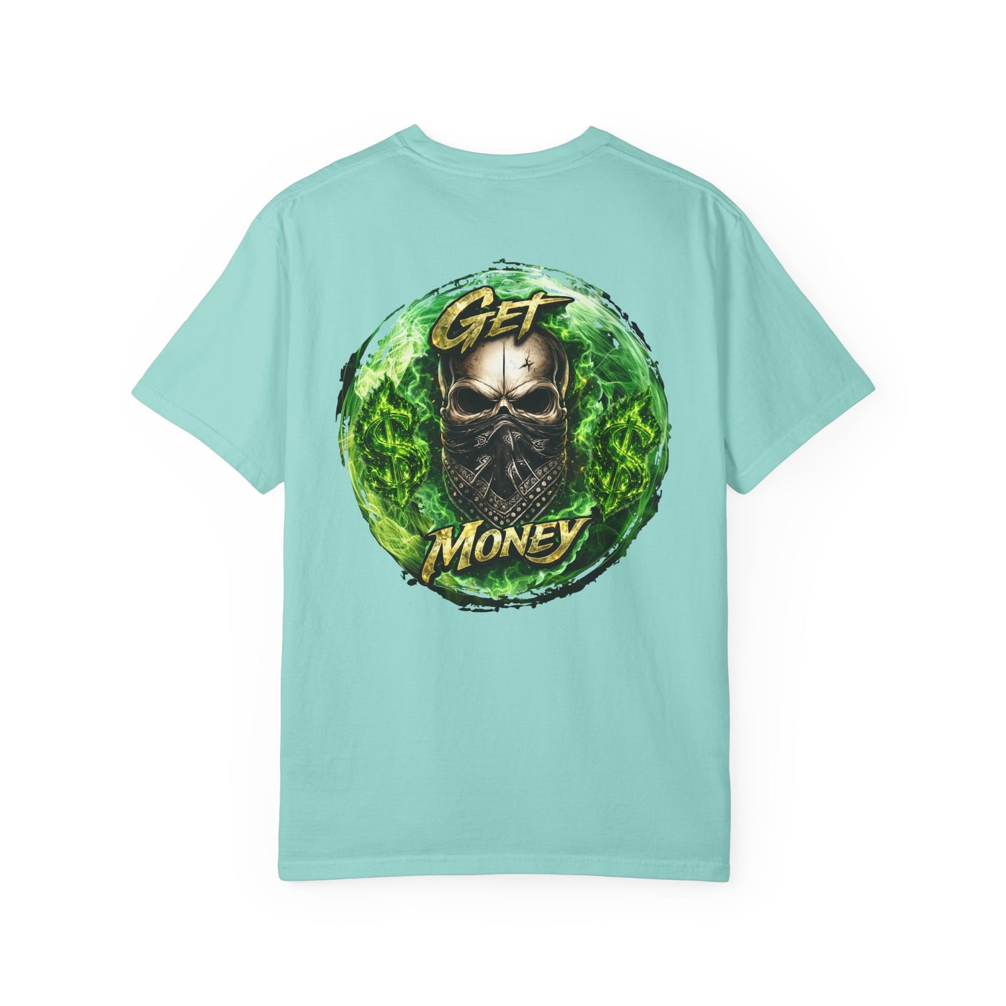 Get Money Skull Graphic Tee – Green Flame Dollar Sign Hustle Streetwear Shirt