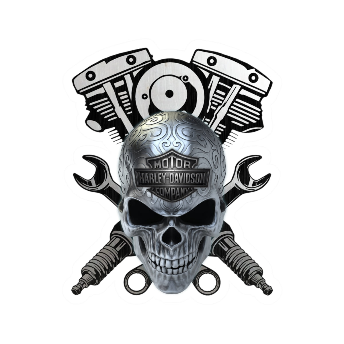 Chrome Skull HD Mechanic Sticker | Wrenches & Engine Harley Decal for Garage, Helmet & Toolboxes, ArtKiss-Cut Stickers