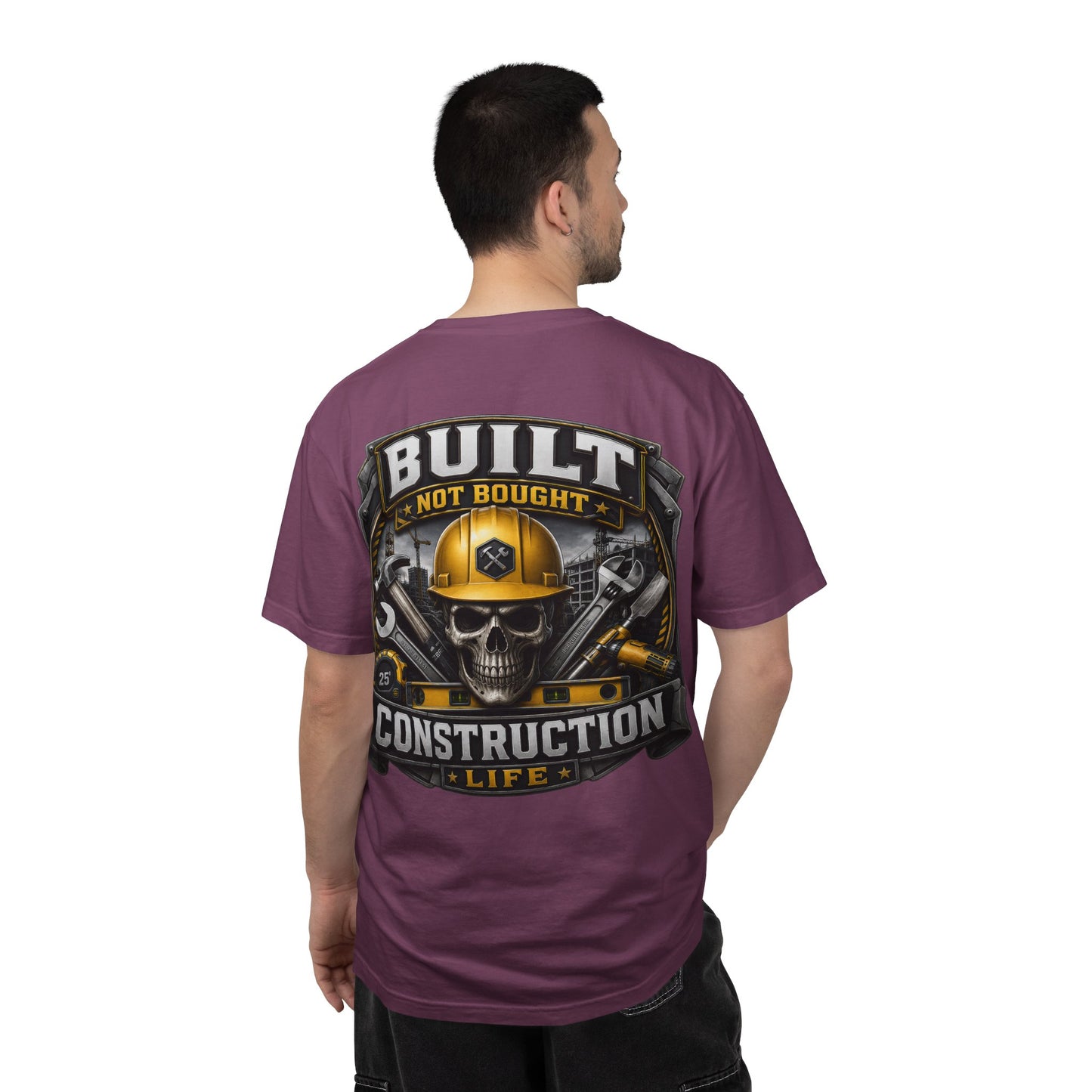 Construction Life T-Shirt — "Built Not Bought" Skull & Hard Hat Crew Tee