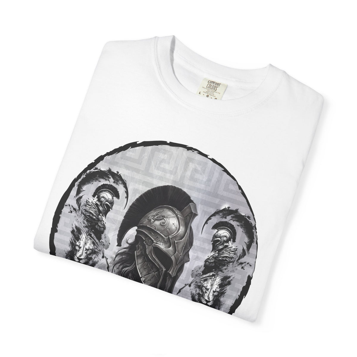 Spartan Warrior T-Shirt – Greek Helmet Circle Design Front & Spear Back | Warrior Graphic Tee