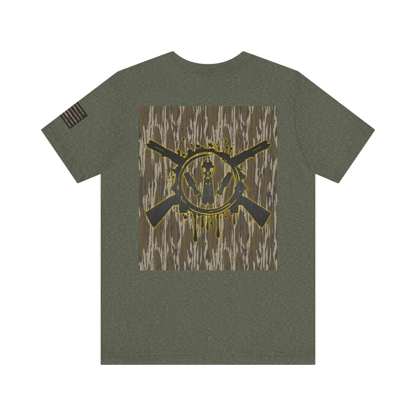 Duck Hunting Badge T-Shirt – Mossy Camo Print, Crossed Guns & Duck Skull Graphic