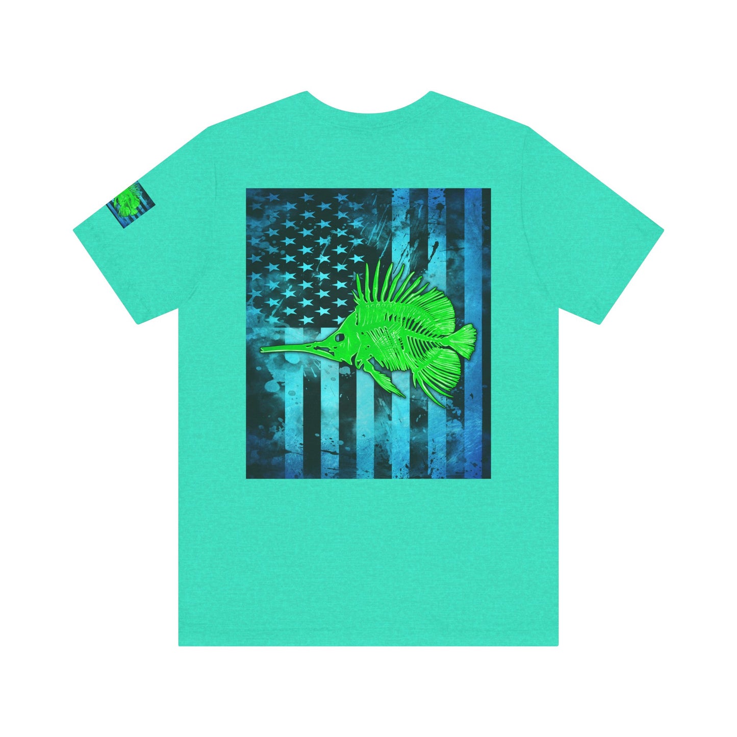 Green Fish Grunge American Flag Tee, Patriotic USA Shirt, Vintage American Flag