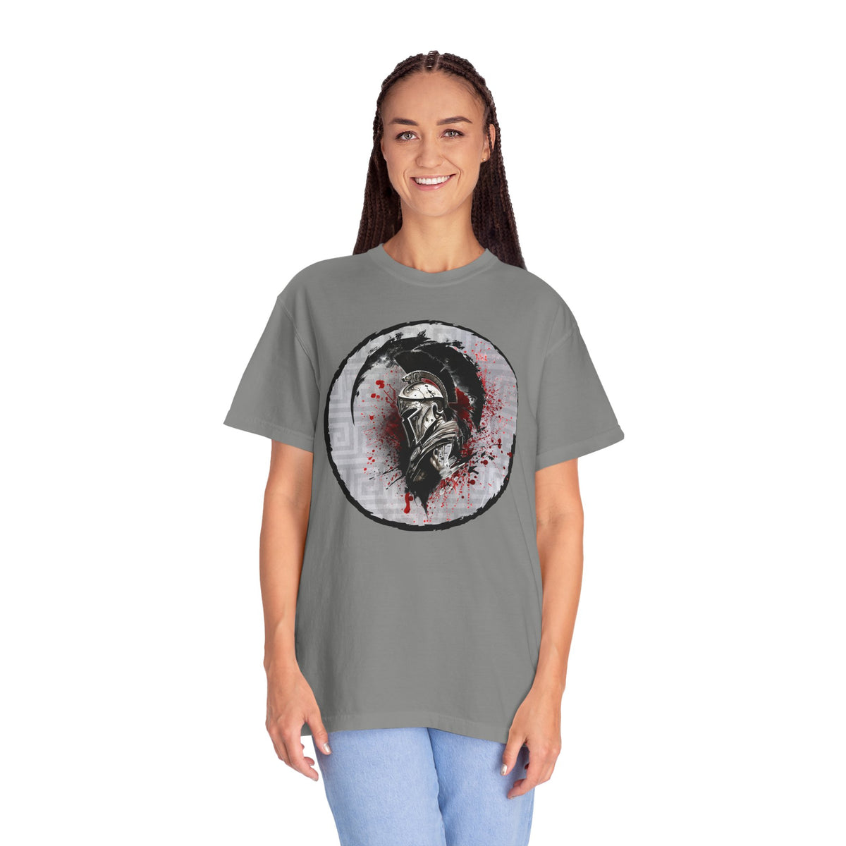 Spartan Warrior T-Shirt – Greek Helmet Circle Design Front & Spear Back | Warrior Graphic Tee