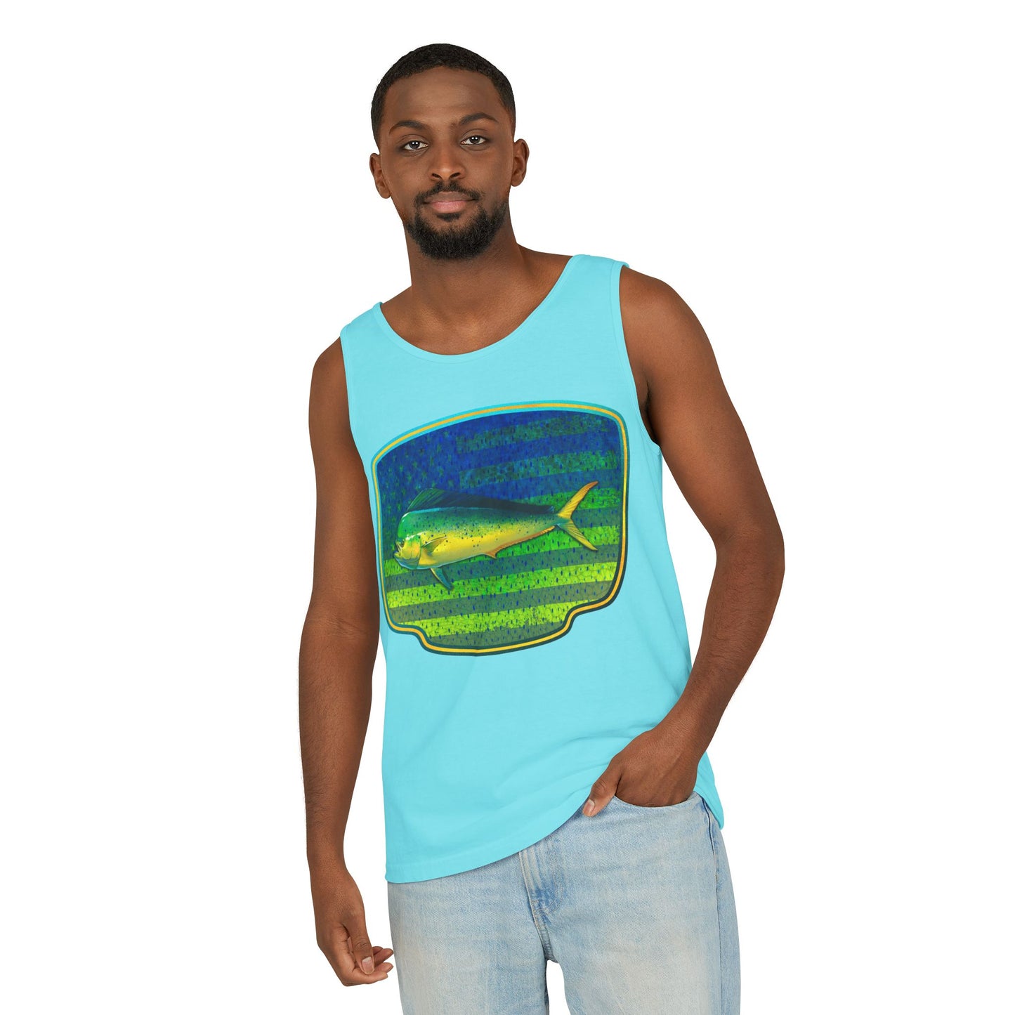 American Mahi Mahi Graphic Tank Top, Summer Apparel, Outdoors Shirt, Fishing Gear, Beachwear, Gifts for Anglers
