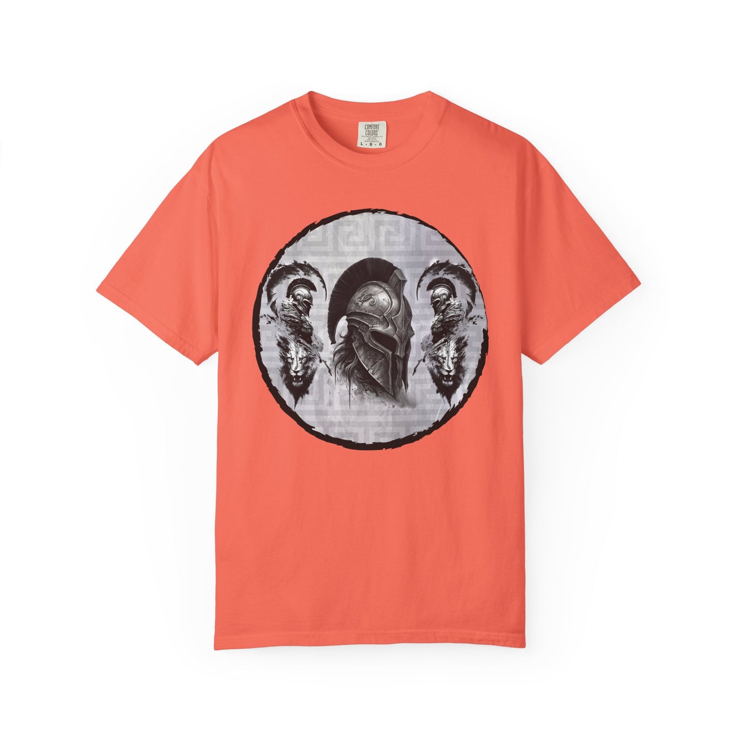 Spartan Warrior T-Shirt – Greek Helmet Circle Design Front & Spear Back | Warrior Graphic Tee