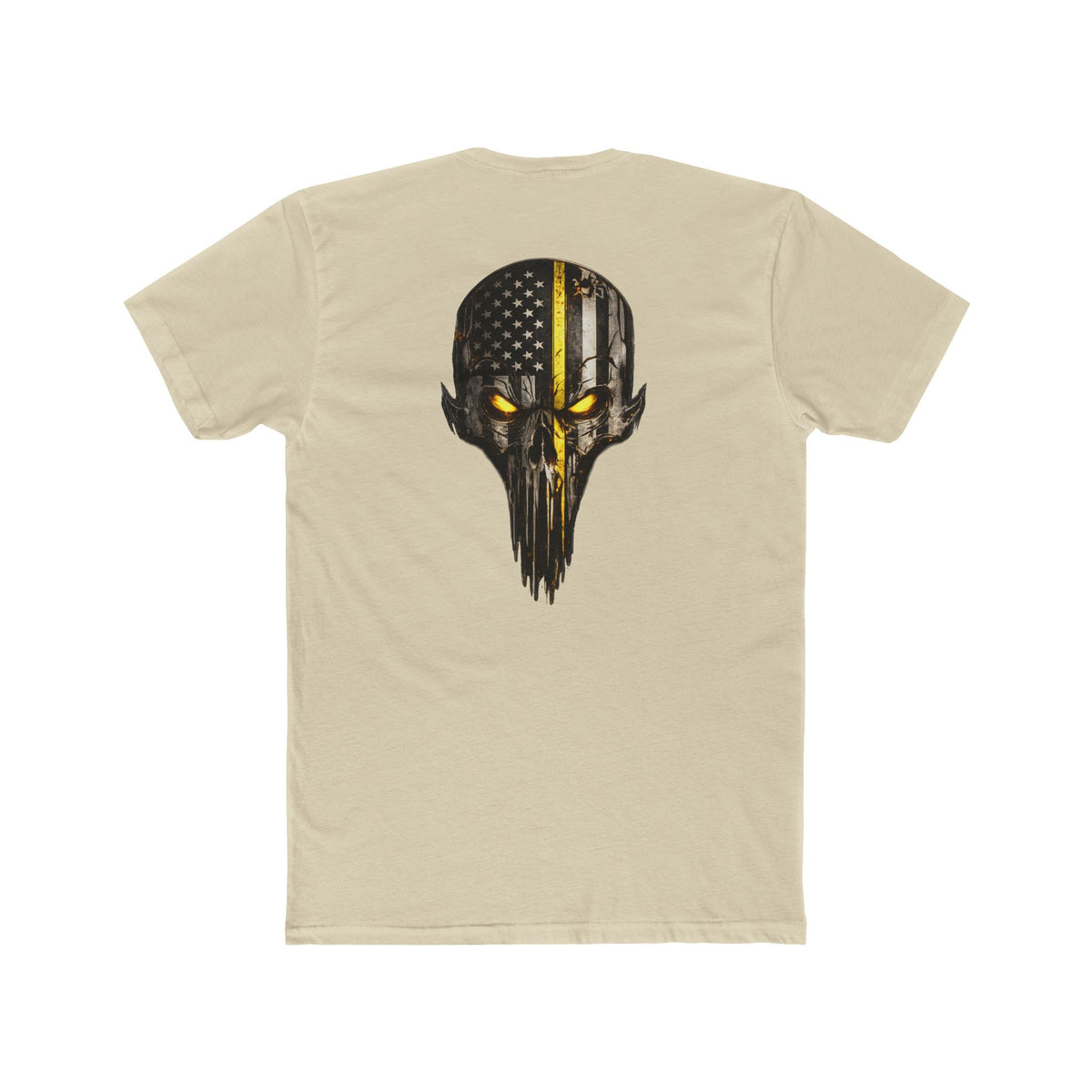 Thin Yellow Line Skull Tee — American Flag Shield & Back Skull Graphic