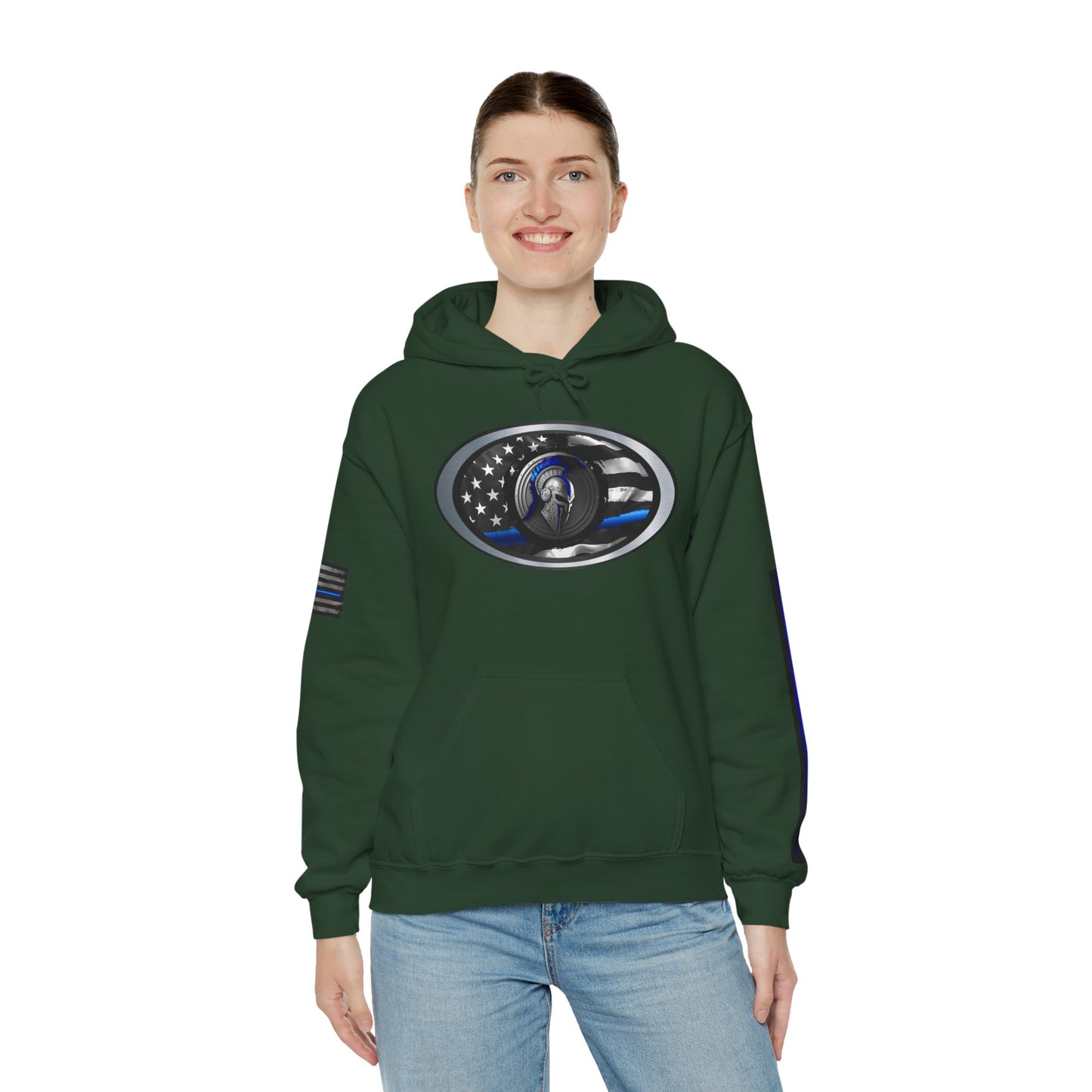 Spartan Thin Blue Line Flag Hoodie – Warrior Helmet Patriotic Sweatshirt for Police Supporters