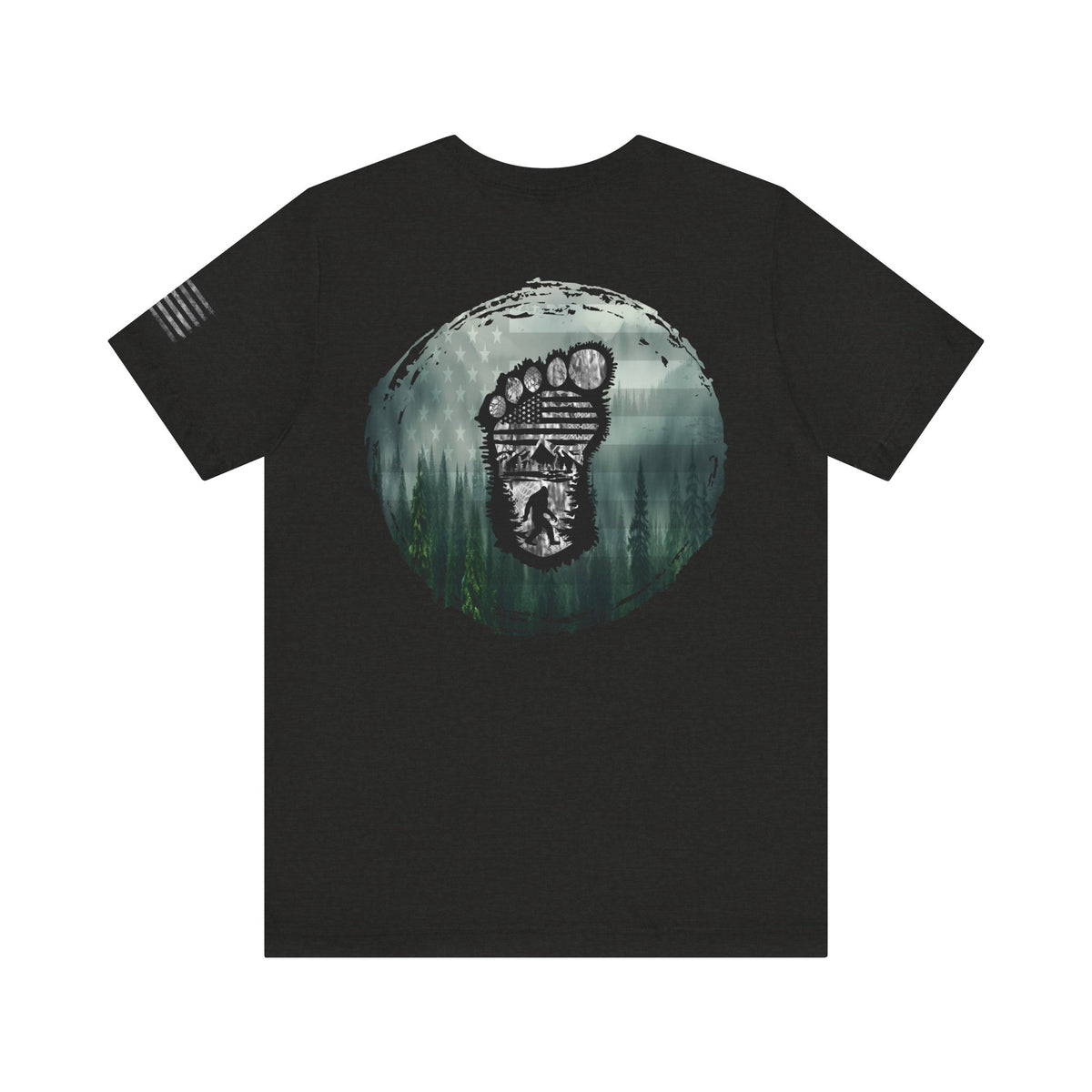 Bigfoot American Flag Camo Tee, Sasquatch Patriotic Shirt, Unisex Graphic Tee, Outdoor Adventure Top, Men's Women's Tee