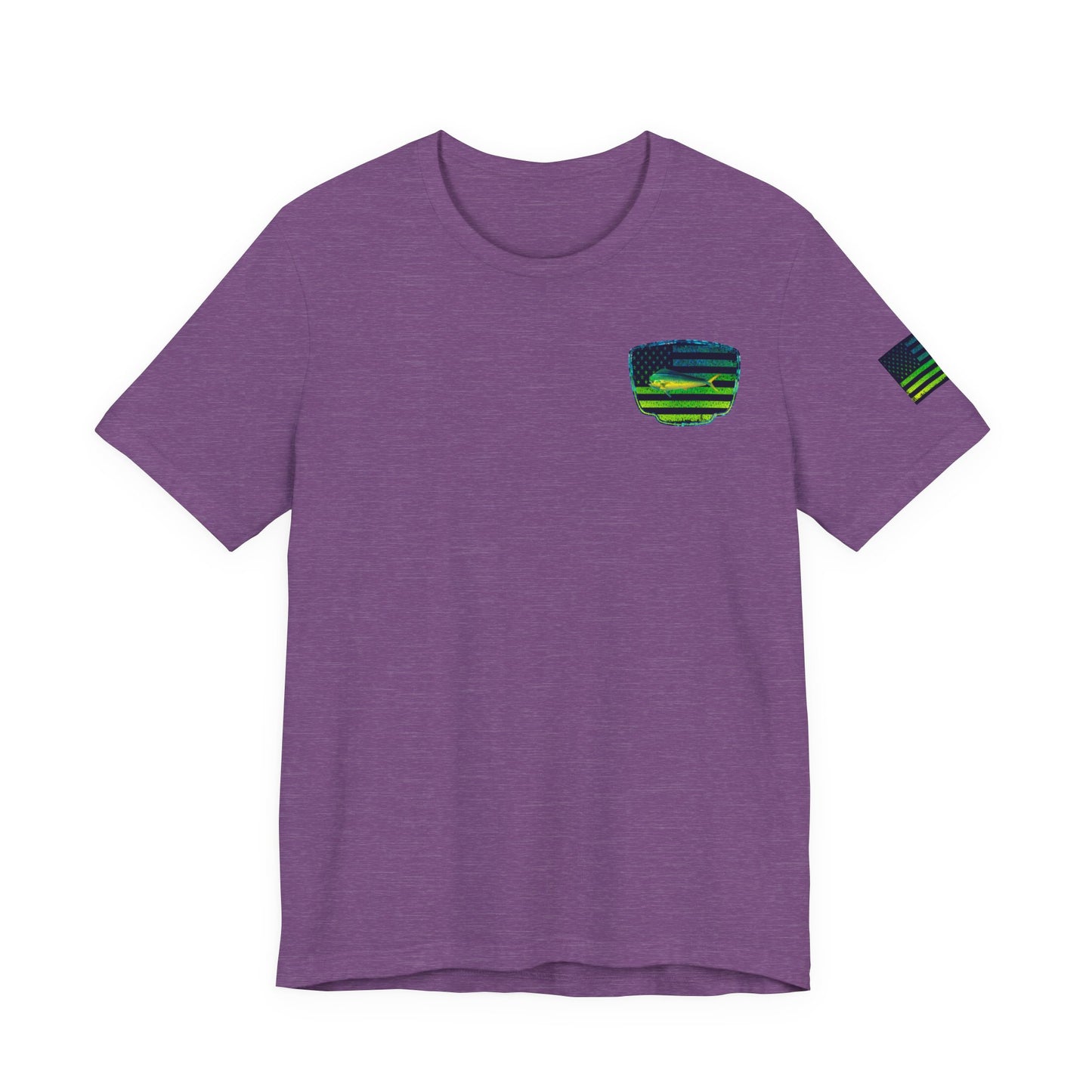 Patriotic Mahi Mahi Flag Tee – Grunge Fishing Badge Shirt for Outdoor Lovers