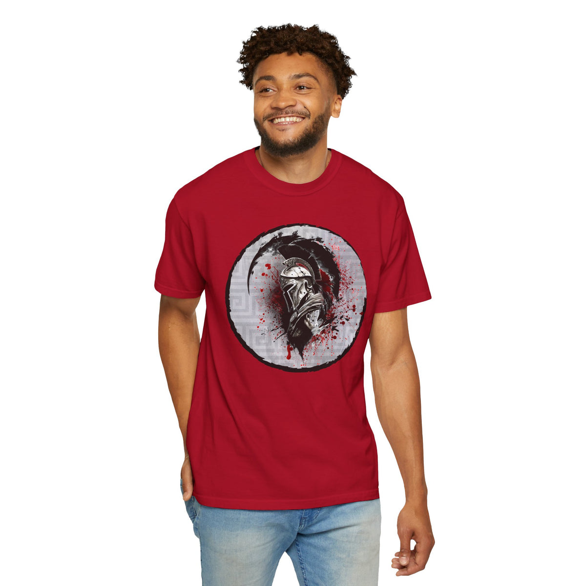 Spartan Warrior T-Shirt – Greek Helmet Circle Design Front & Spear Back | Warrior Graphic Tee