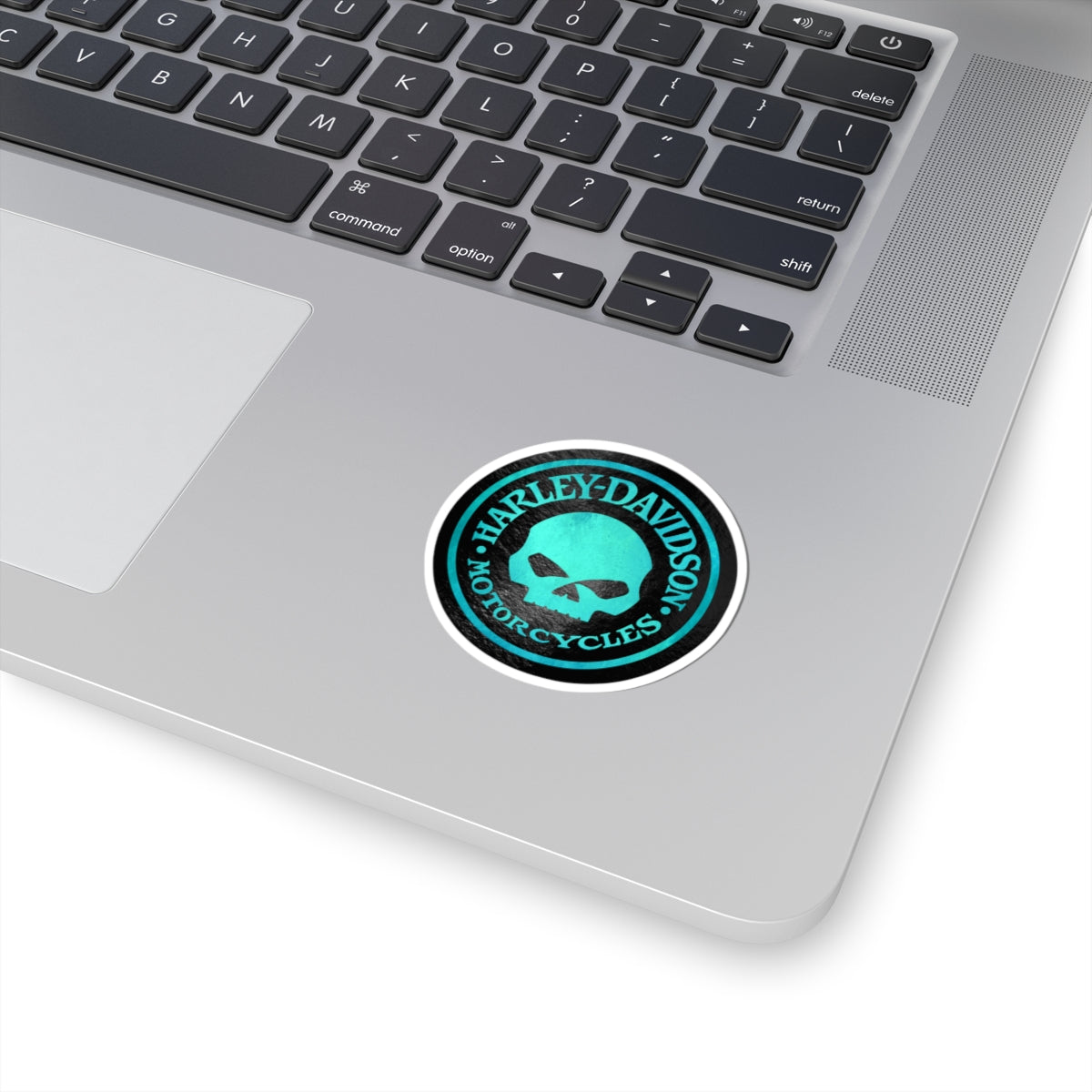 Harley Skull Biker Emblem | Bold Teal Motorcycle Graphic for Decals, Shirts, or Garage Art, ArtKiss-Cut Stickers