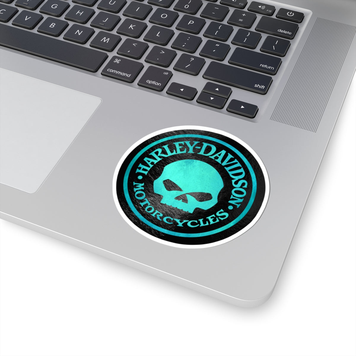 Harley Skull Biker Emblem | Bold Teal Motorcycle Graphic for Decals, Shirts, or Garage Art, ArtKiss-Cut Stickers