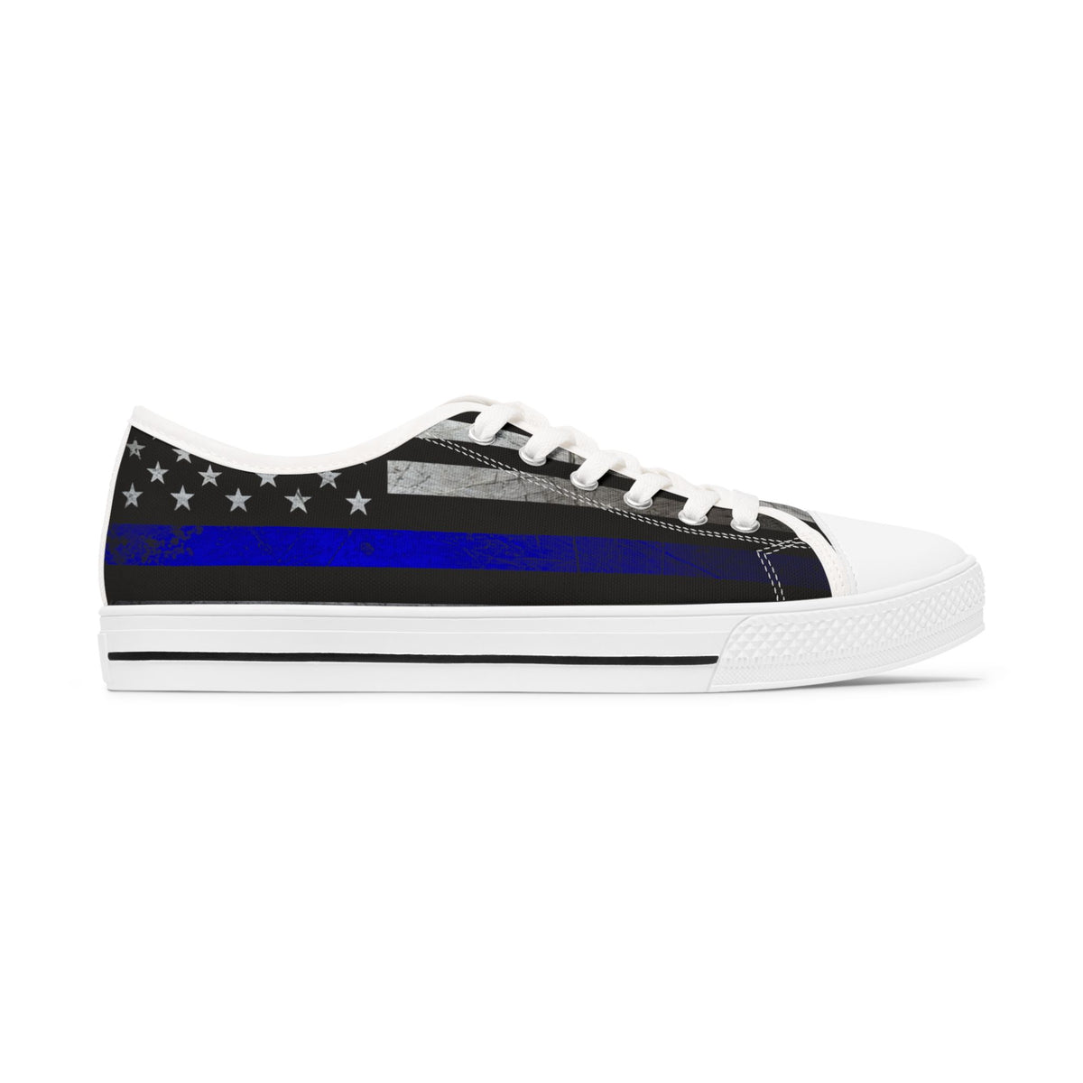Thin Blue Line American Flag Sneakers – Black & Blue Low Top Canvas Shoes for Women, Police Support, Patriotic Streetwear