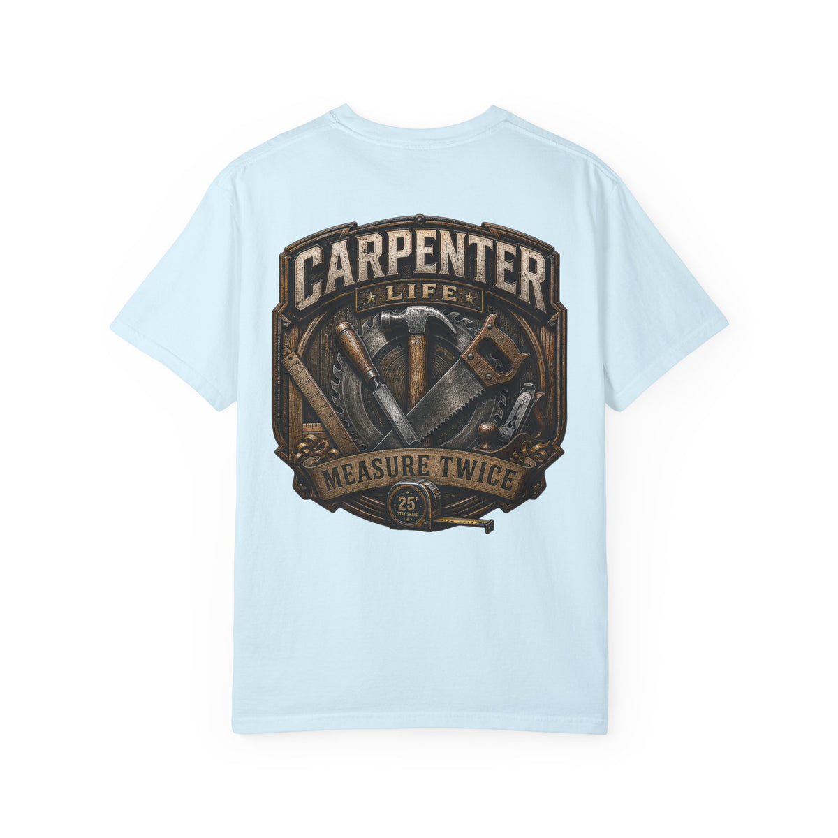 Carpenter Life T-Shirt – 'Measure Twice' Vintage Tool Emblem