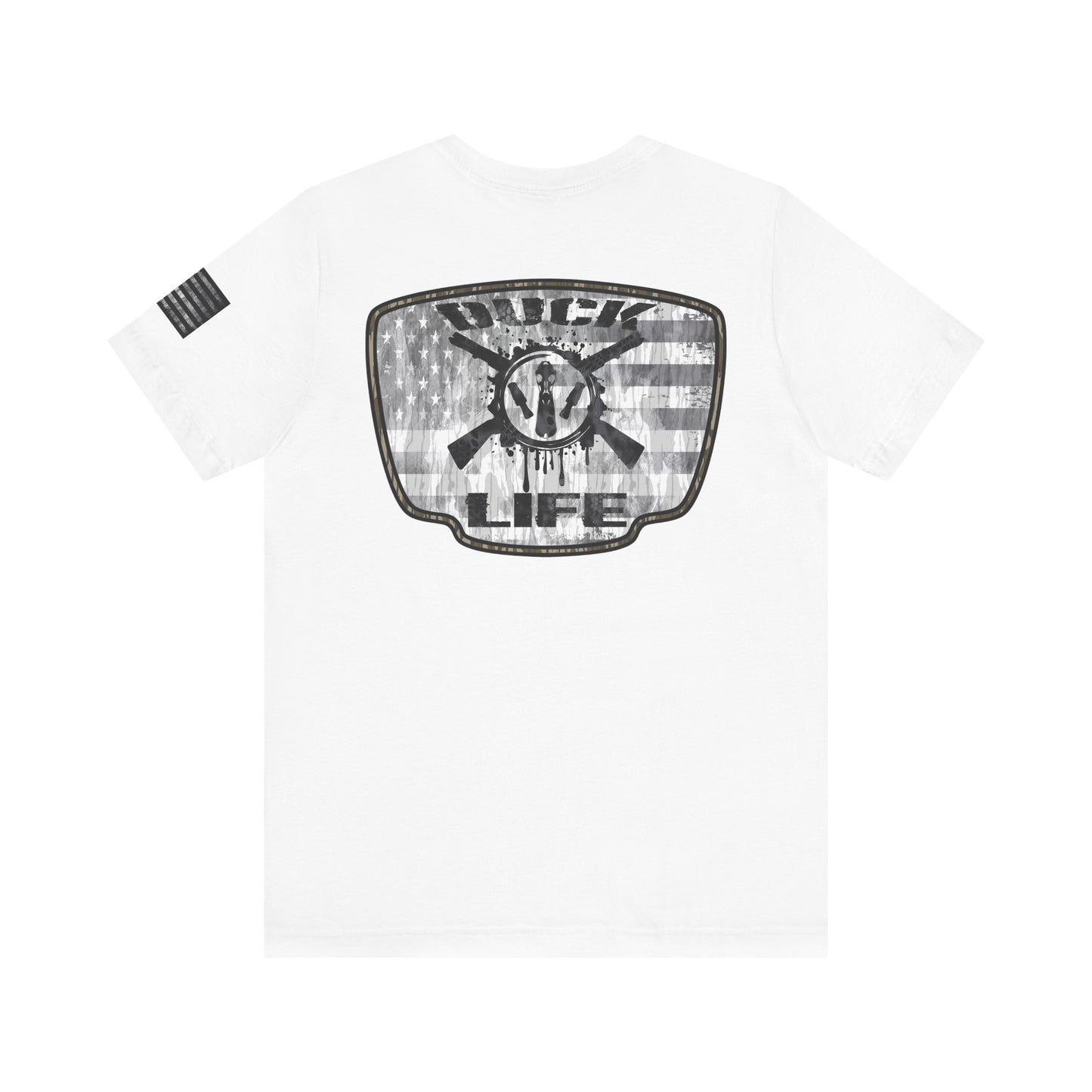 White American Flag Duck Hunting Badge T-Shirt – Mossy Camo Print, Crossed Guns & Duck Skull Graphic