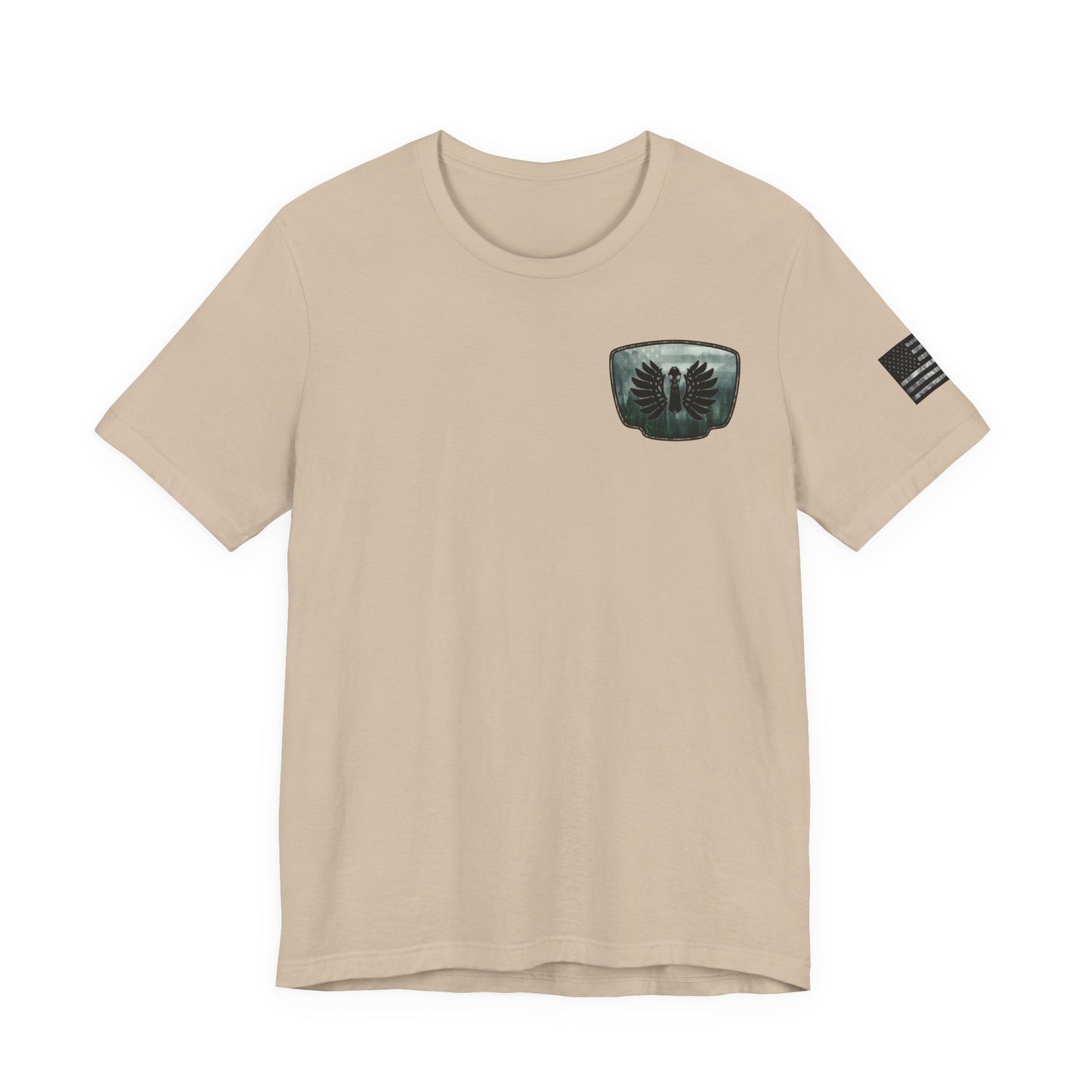 The Forest Duck Hunt Badge T-Shirt – Mossy Camo Print, Crossed Guns & Duck Skull Graphic