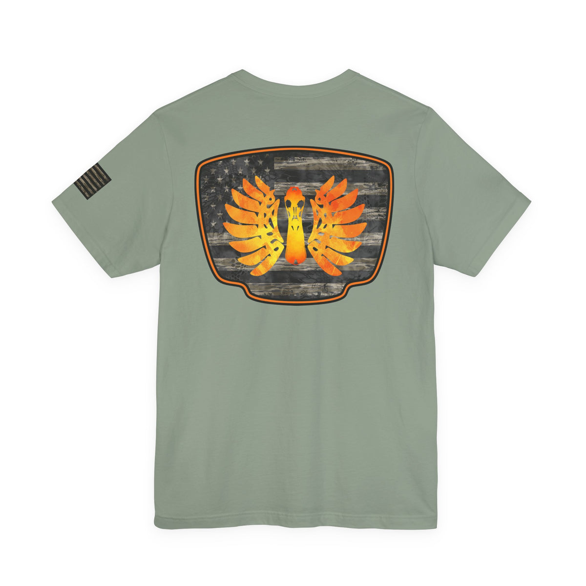 Duck Hunt Badge T-Shirt – Mossy Camo Print, Crossed Guns & Duck Skull Graphic