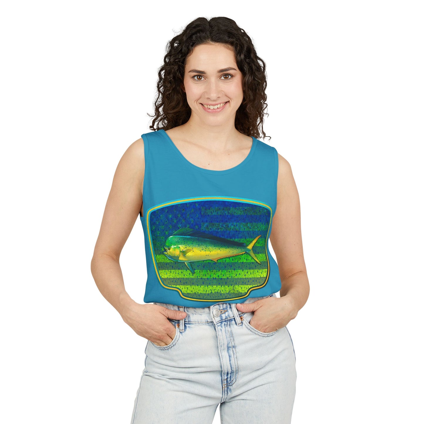 American Mahi Mahi Graphic Tank Top, Summer Apparel, Outdoors Shirt, Fishing Gear, Beachwear, Gifts for Anglers