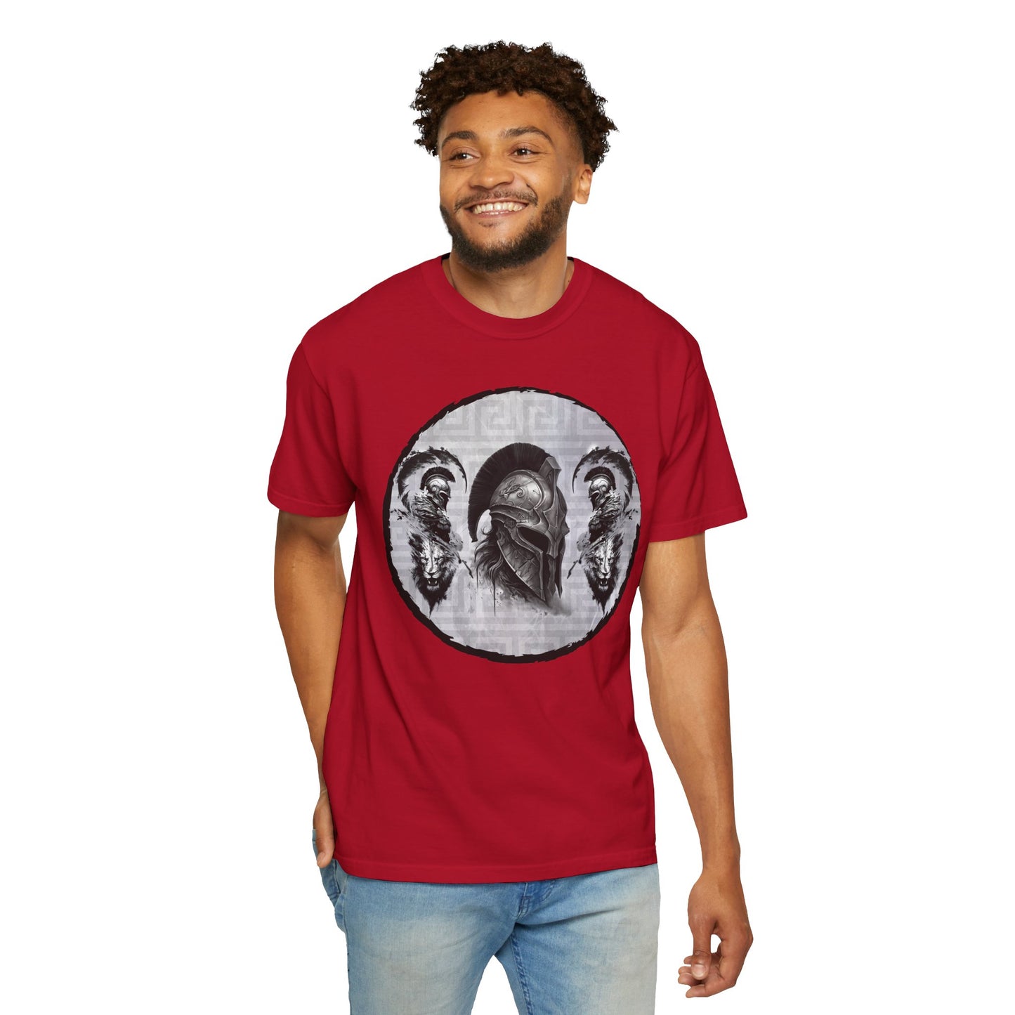 Spartan Warrior T-Shirt – Greek Helmet Circle Design Front & Spear Back | Warrior Graphic Tee