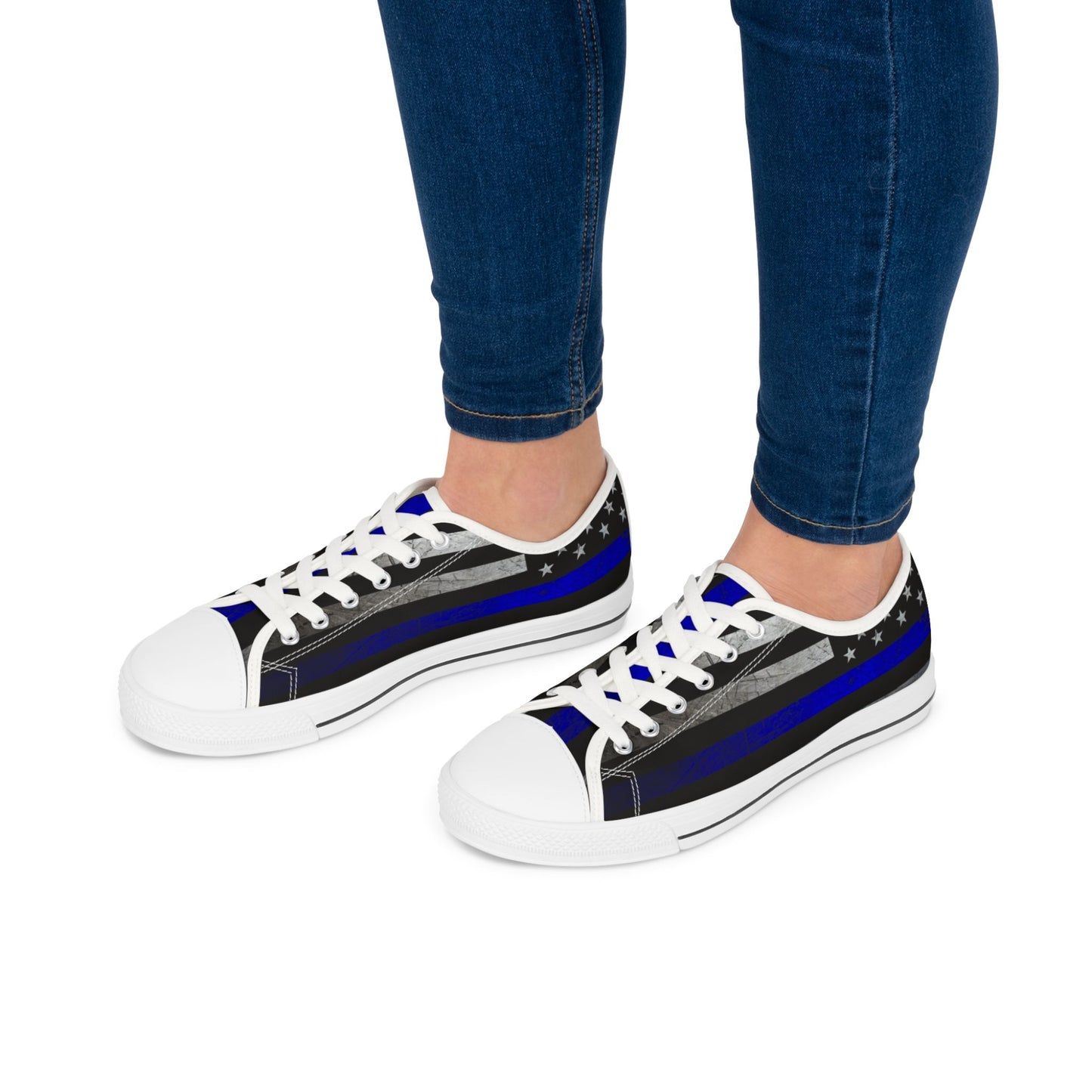 Thin Blue Line American Flag Sneakers – Black & Blue Low Top Canvas Shoes for Women, Police Support, Patriotic Streetwear