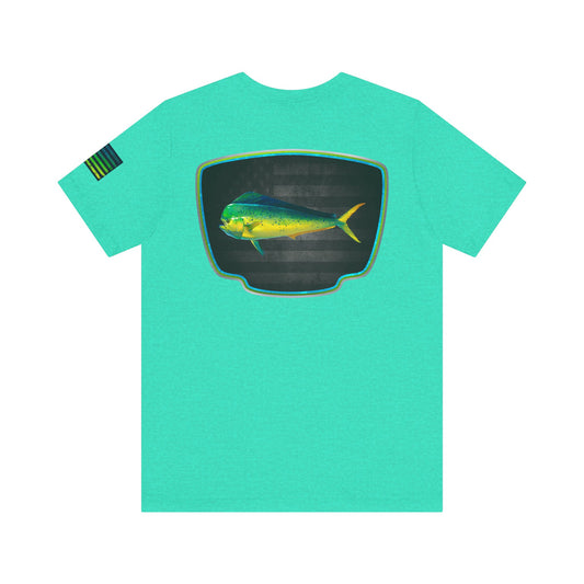 Mahi Mahi Badge Tee with Blackout Flag – Patriotic Saltwater Fishing Shirt