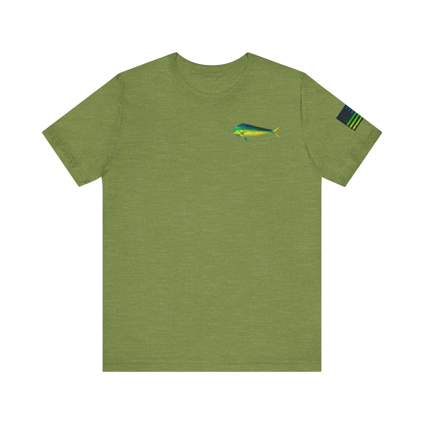Mahi Mahi Badge Tee with Blackout Flag – Patriotic Saltwater Fishing Shirt