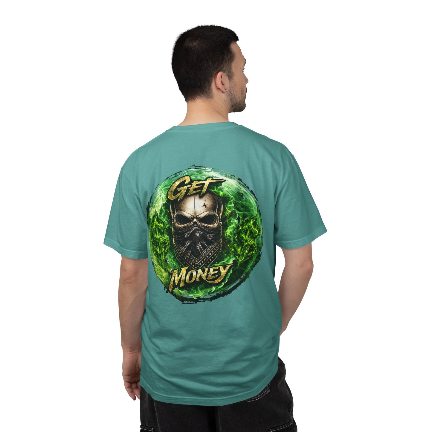 Get Money Skull Graphic Tee – Green Flame Dollar Sign Hustle Streetwear Shirt