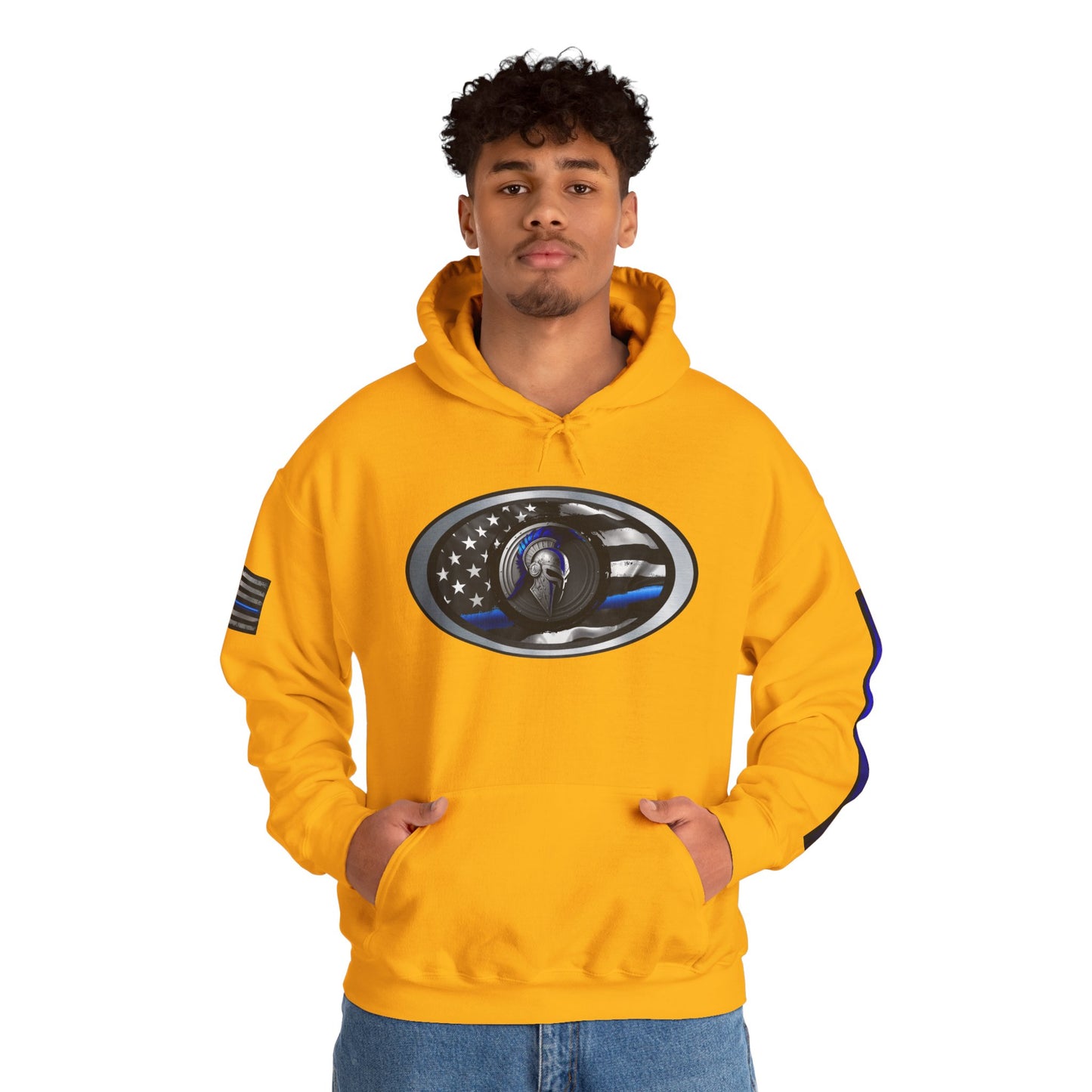 Spartan Thin Blue Line Flag Hoodie – Warrior Helmet Patriotic Sweatshirt for Police Supporters