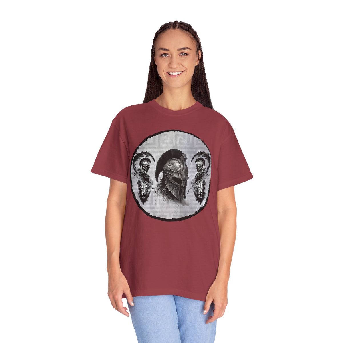 Spartan Warrior T-Shirt – Greek Helmet Circle Design Front & Spear Back | Warrior Graphic Tee