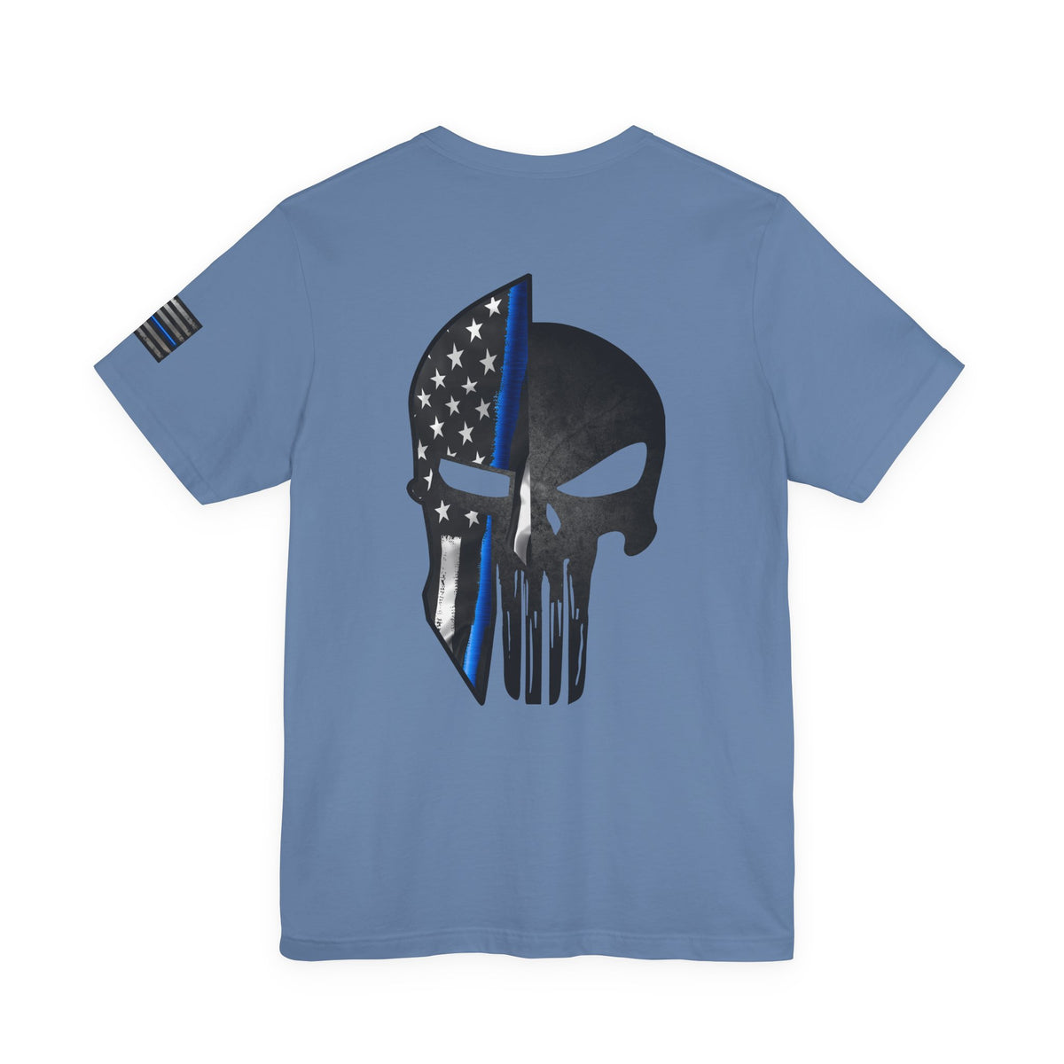 Grunge Spartan Helmet Thin Blue Line American Flag T-Shirt – Honor & Valor Police Tribute Tee