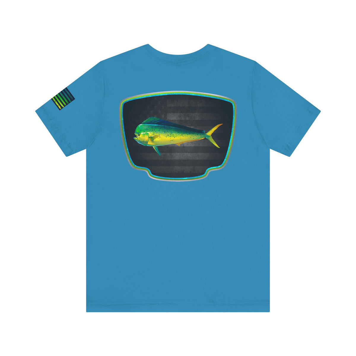 Mahi Mahi Badge Tee with Blackout Flag – Patriotic Saltwater Fishing Shirt