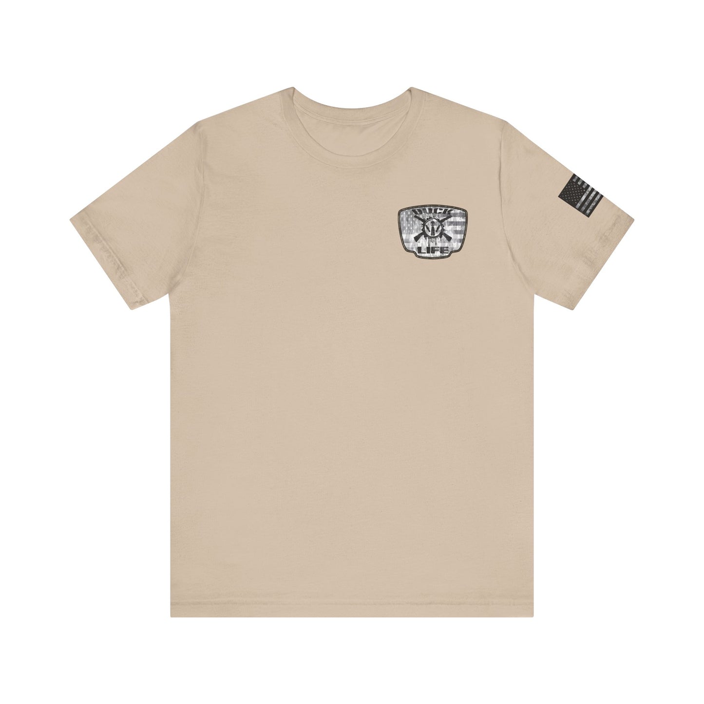 White American Flag Duck Hunting Badge T-Shirt – Mossy Camo Print, Crossed Guns & Duck Skull Graphic