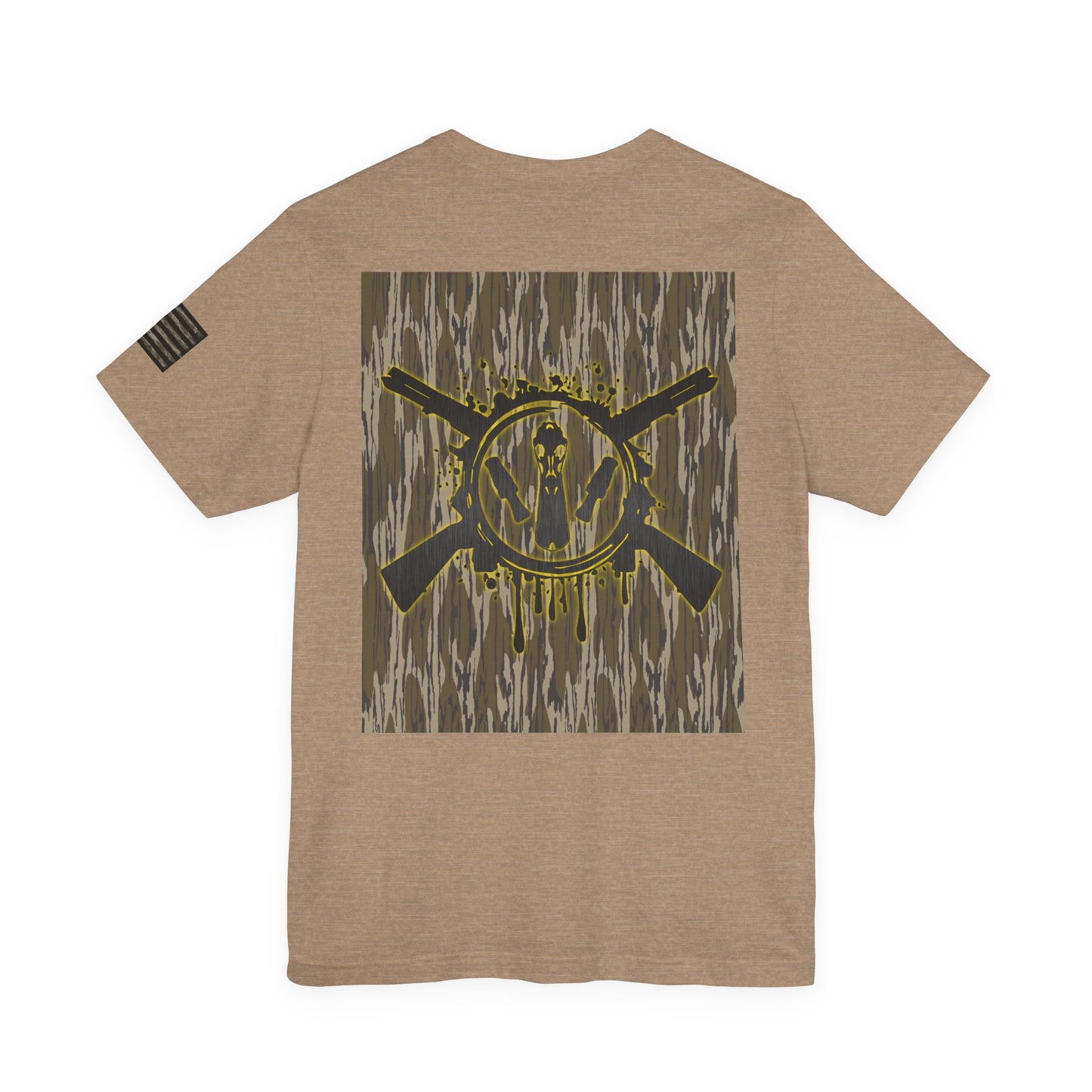 Duck Hunting Badge T-Shirt – Mossy Camo Print, Crossed Guns & Duck Skull Graphic