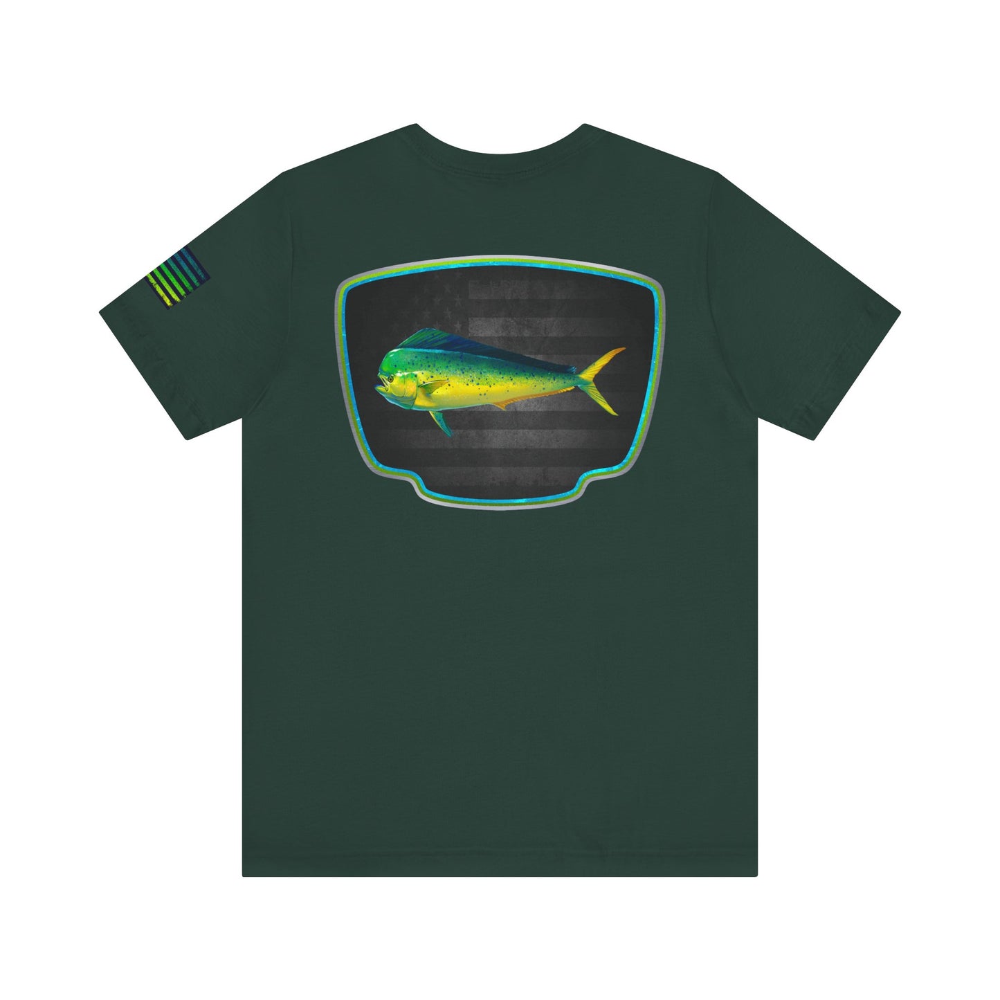 Mahi Mahi Badge Tee with Blackout Flag – Patriotic Saltwater Fishing Shirt