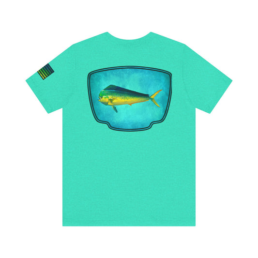 Vibrant Mahi Mahi Badge Tee – Ocean-Inspired Saltwater Fishing Shirt for Men