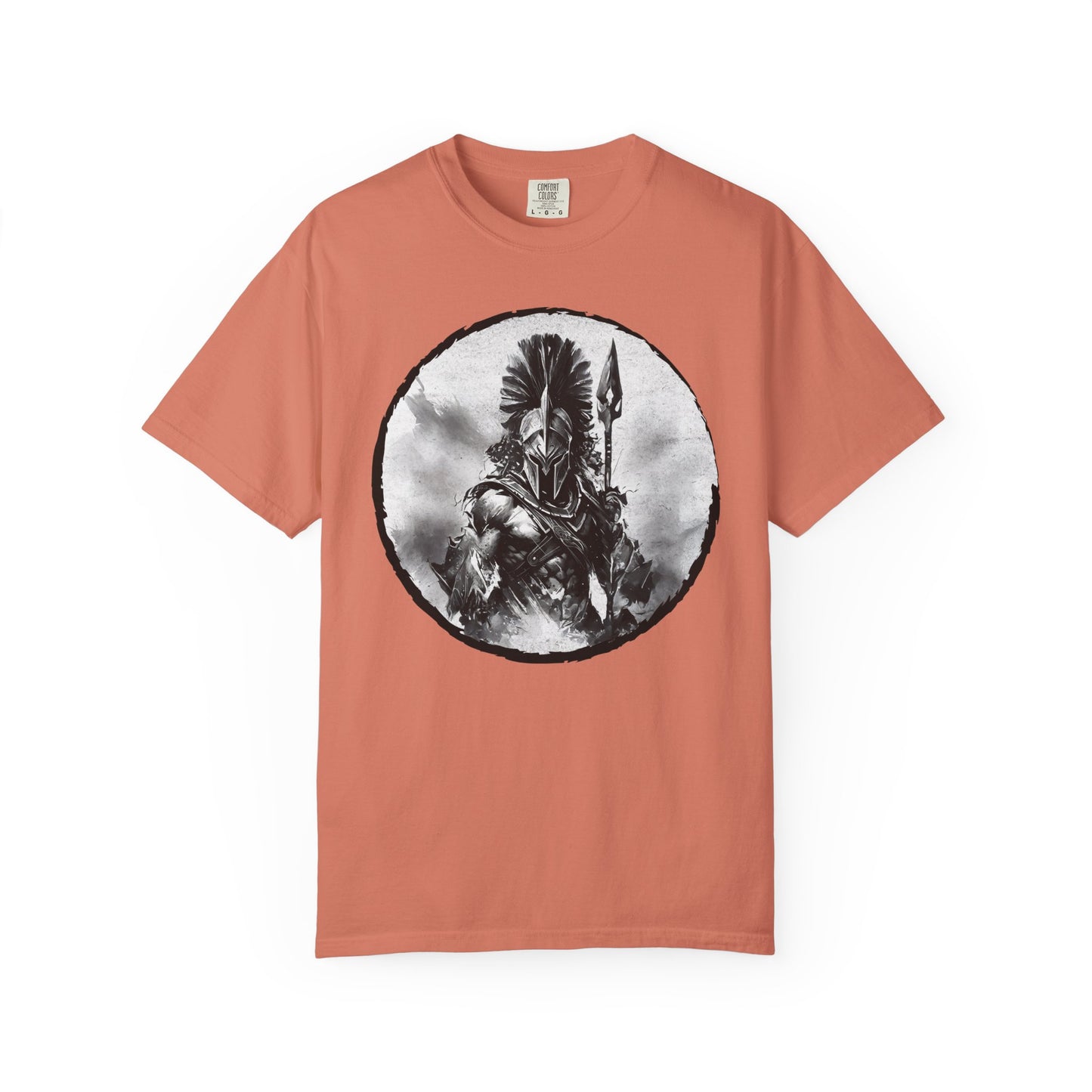 Spartan Warrior T-Shirt – Greek Helmet Circle Design Front & Spear Back | Warrior Graphic Tee