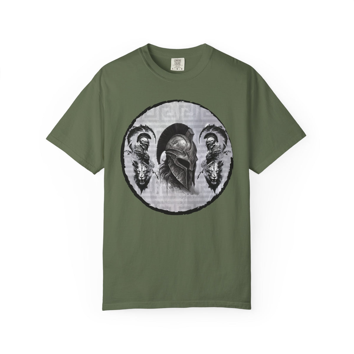 Spartan Warrior T-Shirt – Greek Helmet Circle Design Front & Spear Back | Warrior Graphic Tee